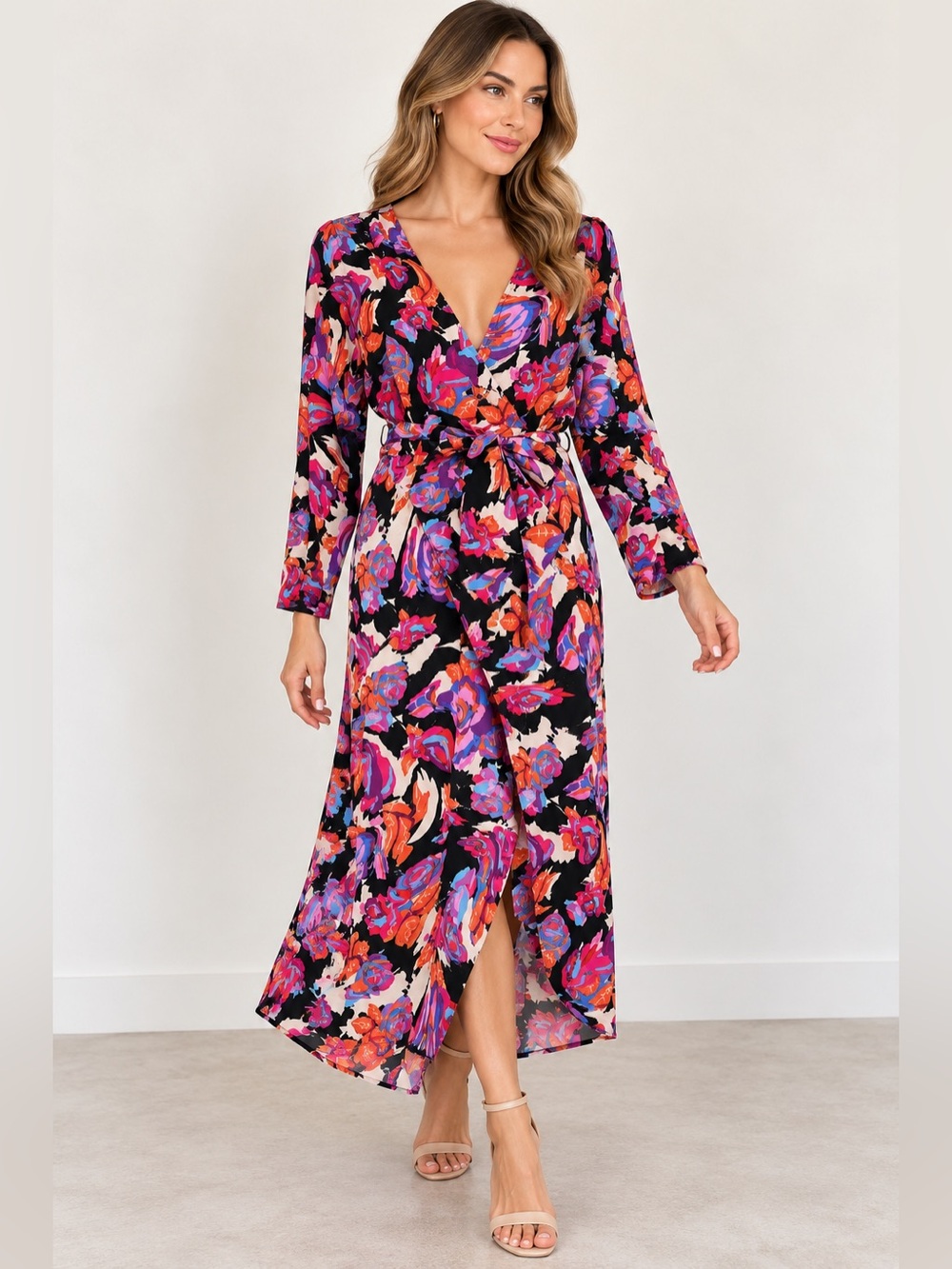 Topshop Multicolor Floral Faux Wrap Maxi Dress Belted Long Sleeve Size 8